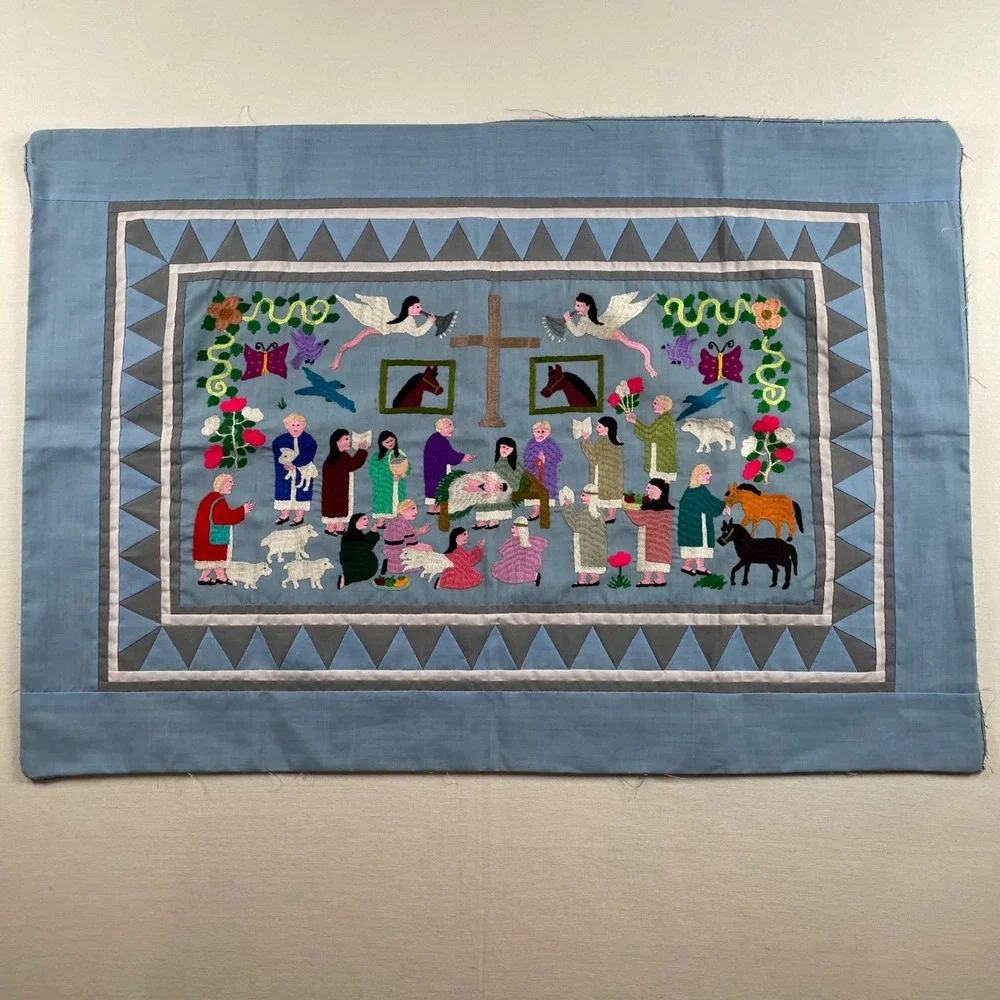 VTG‎ Hmong Story Cloth Embroidered Textile Wall Hanging Religious Nativity Folk